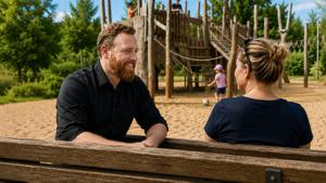 Politik auf der Parkbank - Oberbürgermeister Martin Papke (CDU) im Gespräch mit einer Mutter